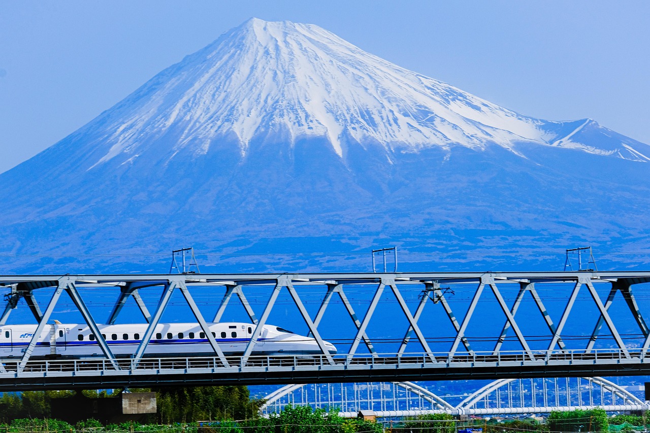 The shinkansen bullet train passing Mount Fuji